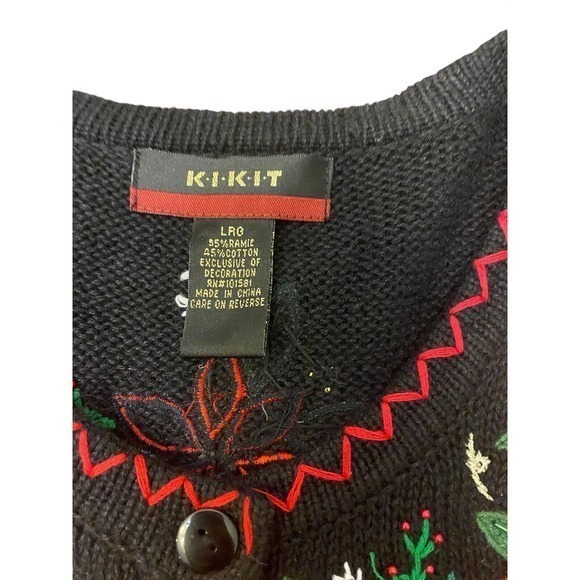 Kikit cardigan with red sequin poinsettias Ugly Christmas Sweater Size Large‎ - Picture 3 of 4